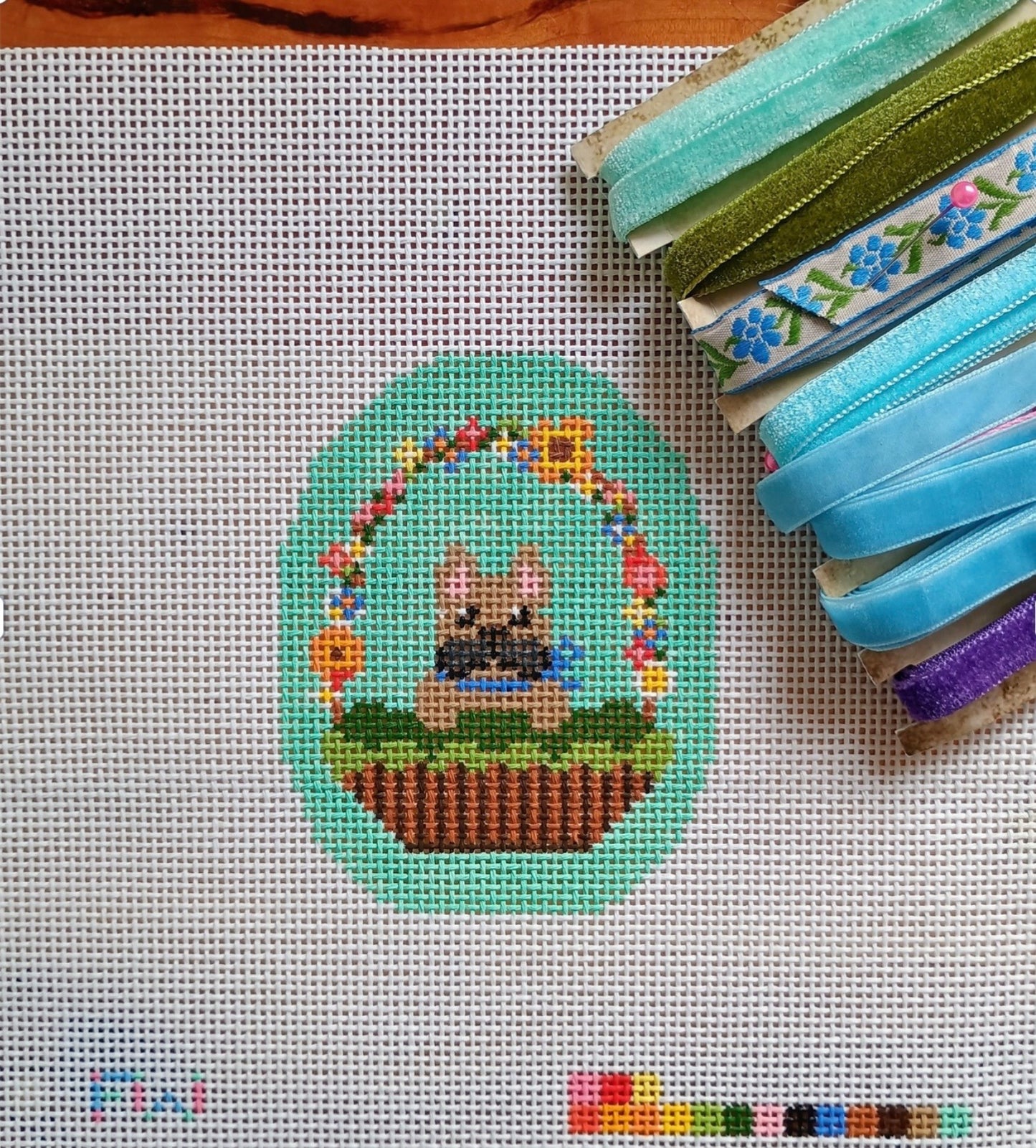 Frenchie in an Easter basket Needlepoint Canvas (Canvas Only)